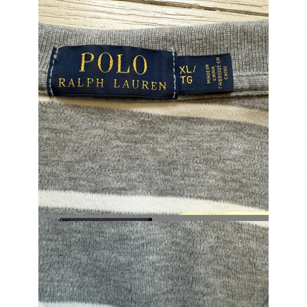 Polo by Ralph Lauren Mens Long Sleeve Gray‎ White Stripe Polo Shirt Navy Logo XL